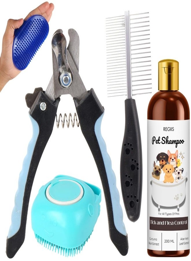 REGIIS Pet Grooming Kit with Tick and Flea Control Shampoo, Professional Dog Brush Set, Blue and Black Nail Clippers, Pet Comb, 200ml(pack of 5) - Image 1
